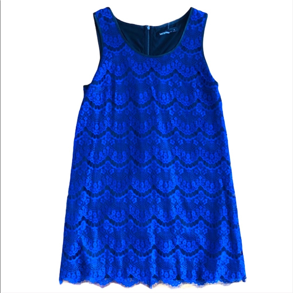 Sexy Kensie Lace Overlay Faux Leather Dress Blue Sleeveless Lined Scallop Size 8